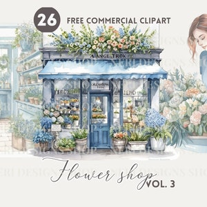 Blue flower shop storefront with potted plants, watercolor clipart illustration