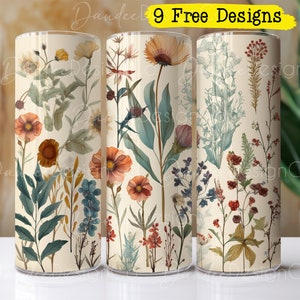 Vintage boho wildflower skinny straight tumbler with detailed botanical illustrations