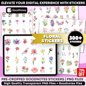 Floral digital sticker pack with 300+ boho flowers icons, transparent PNG files for GoodNotes