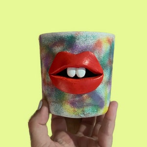 Quirky graffiti weird fun clay face pot with lips / colourful print