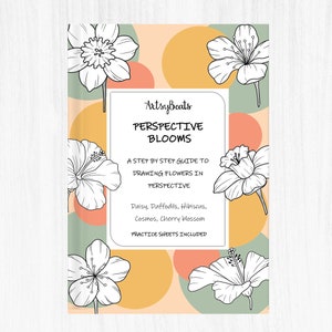 Flower drawing guide book cover with black-and-white line flower illustrations