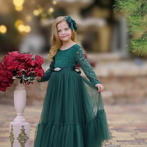 Kids hunter green long-sleeve lace and tulle flower girl dress with layered skirt