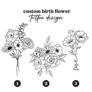 Birth flower tattoo design: black line-art bouquet with three floral elements and stems