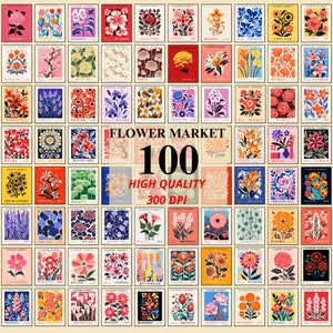 100-piece Flower Market floral poster set with collage of colorful botanical prints