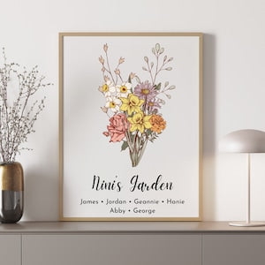 Framed botanical bouquet poster with vase flowers and names text on bottom