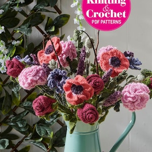 Crochet flower bouquet, pink and blue blossoms in a vase