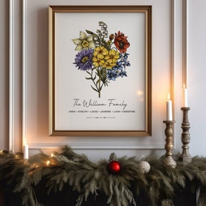 Framed birth flower bouquet wall art print with hand-drawn floral cluster and family names text