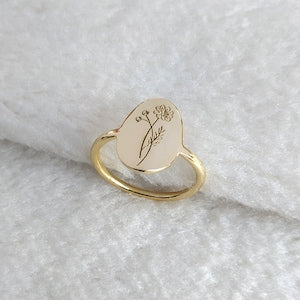 Gold-tone minimalist birth flower ring with engraved floral tree design band
