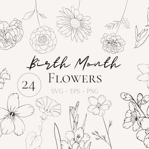 Birth month flower SVG bundle with line-art floral silhouettes and "Birth Month Flowers" text