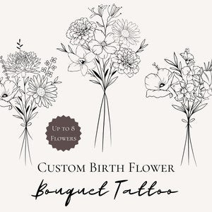 Line-art birth flower bouquet tattoo design with multiple blossoms and stems