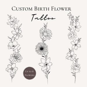 Custom birth flower tattoo design with vertical linework floral bouquet, up to 8 flowers