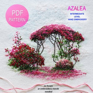 Azalea flower embroidery PDF pattern with tree and blossoms, no-hoops hand embroidery guide