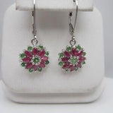 Sterling Silver Dangle Earrings, Cubic Red And Green Stone Earrings, Lever Backs, Red Marquise Stones, Round Green Stones, Flower Earrings