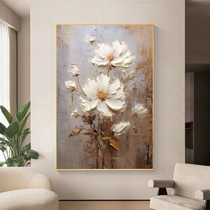 Abstract floral oil painting on canvas with white blossoms and gold accents, framed vertical