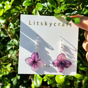 Handmade pressed hydrangea flower dangle earrings, purple resin drops on silver hooks