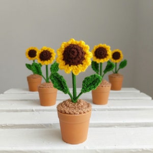 Crochet sunflower-style flowers in terracotta pot with green leaves and small potted buds