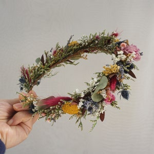 Dried wildflower bridal crown with multicolor blooms