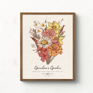 Framed colorful birth flower bouquet wall print with floral illustration and small script text