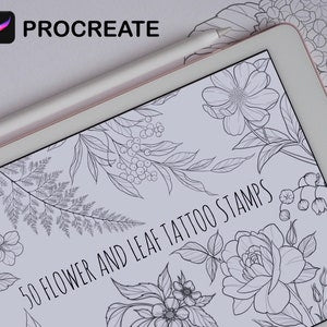 Floral and leaf tattoo stamp brush set with line-art flowers and leaves for Procreate