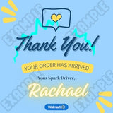 Thank-you delivery card with 'Thank You!' and 'Your order has arrived' message.