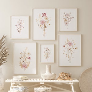 Framed pink and beige wildflower wall art prints, set of six