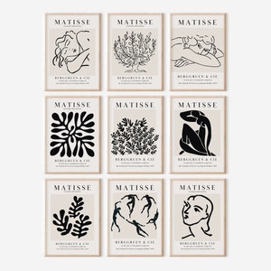 Set of 9 black line art gallery posters: botanicals and portraits on beige