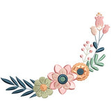 Machine embroidery flower wreath pattern with pink blossoms and blue leaves