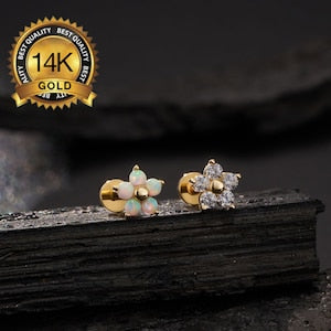 14k gold opal flower CZ push-in labret stud, flat-back cartilage earring set of 2