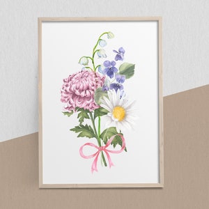 Framed watercolor floral bouquet portrait with pink, purple, and white flowers and ribbon bow