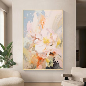 Framed pastel floral oil painting on canvas with soft pink and peach blooms