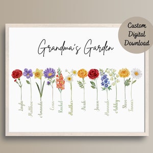Custom Grandma’s Garden birth flower digital print with colorful stem flowers and labels