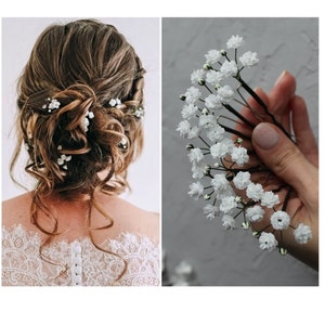 White baby's breath flower hair pins with tiny blossoms on metal clips