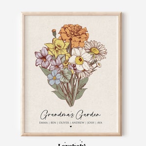 Framed floral wall art print with mixed bouquet and 'Grandma's Garden' text