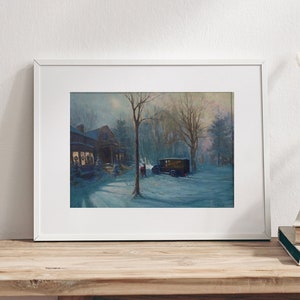 Framed vintage winter landscape wall art print with trees and village scene
