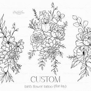 Custom birth month flower tattoo design, black line art bouquet with leaves