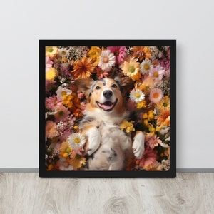 Framed dog photo print with a Border Collie sitting among colorful flowers