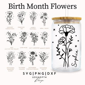 Birth month flower full wrap SVG design on glass jar, black line-art wildflower