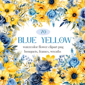 Watercolor floral clipart bundle with blue and yellow flowers, wreath-style frame