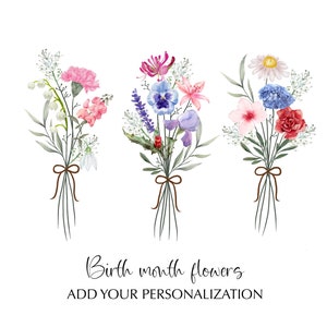 Watercolor birth month flowers bouquet print with stems and blooms, text 'Birth month flowers'