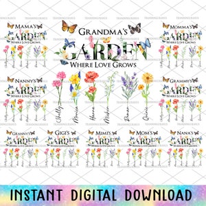 Watercolor floral PNG bundle with Grandma's garden text and butterfly elements