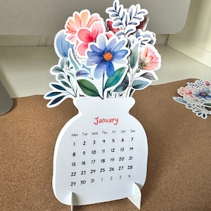 Printable flowers desk calendar stand with January page, floral cutout design.