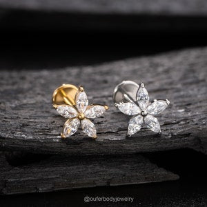 Flower push-in labret stud earrings with four-petal design, clear rhinestones, silver and gold