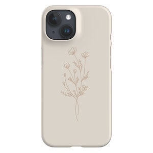 Beige phone case with delicate line-drawn wildflower illustration and camera cutouts