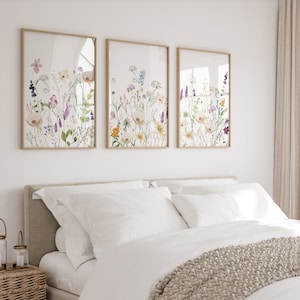 Set of 3 framed wildflower watercolor botanical prints with pastel floral details