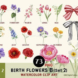 Watercolor Birth Month Flowers Clipart, Floral PNG bundle, Flower Graphic Botanical Clipart DIY Birth Month Flower Print Creator Kit Mothers
