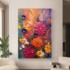 Abstract floral oil painting on canvas, multicolor flowers in blue frame