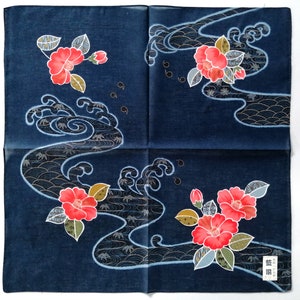 Vintage Japanese handkerchief in navy with embroidered tsubaki flowers, 21 in square