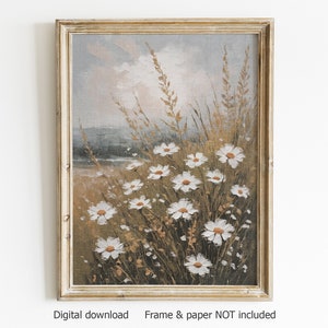 Framed wildflower botanical print with white daisies on a muted landscape background