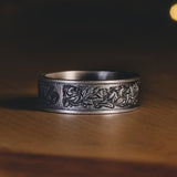 Leaf and Flower Engraved Band Ring For Men, Handmade Floral Mens Wedding Band Ring in Silver, Nature Promise Ring For Him, Botanical Ring