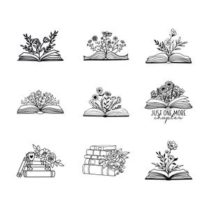Floral book SVG set with line-art books and flowers, reading and growing from pages